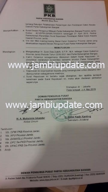 Bukti dukungan dari PKB untuk Cagub Zumi Zola